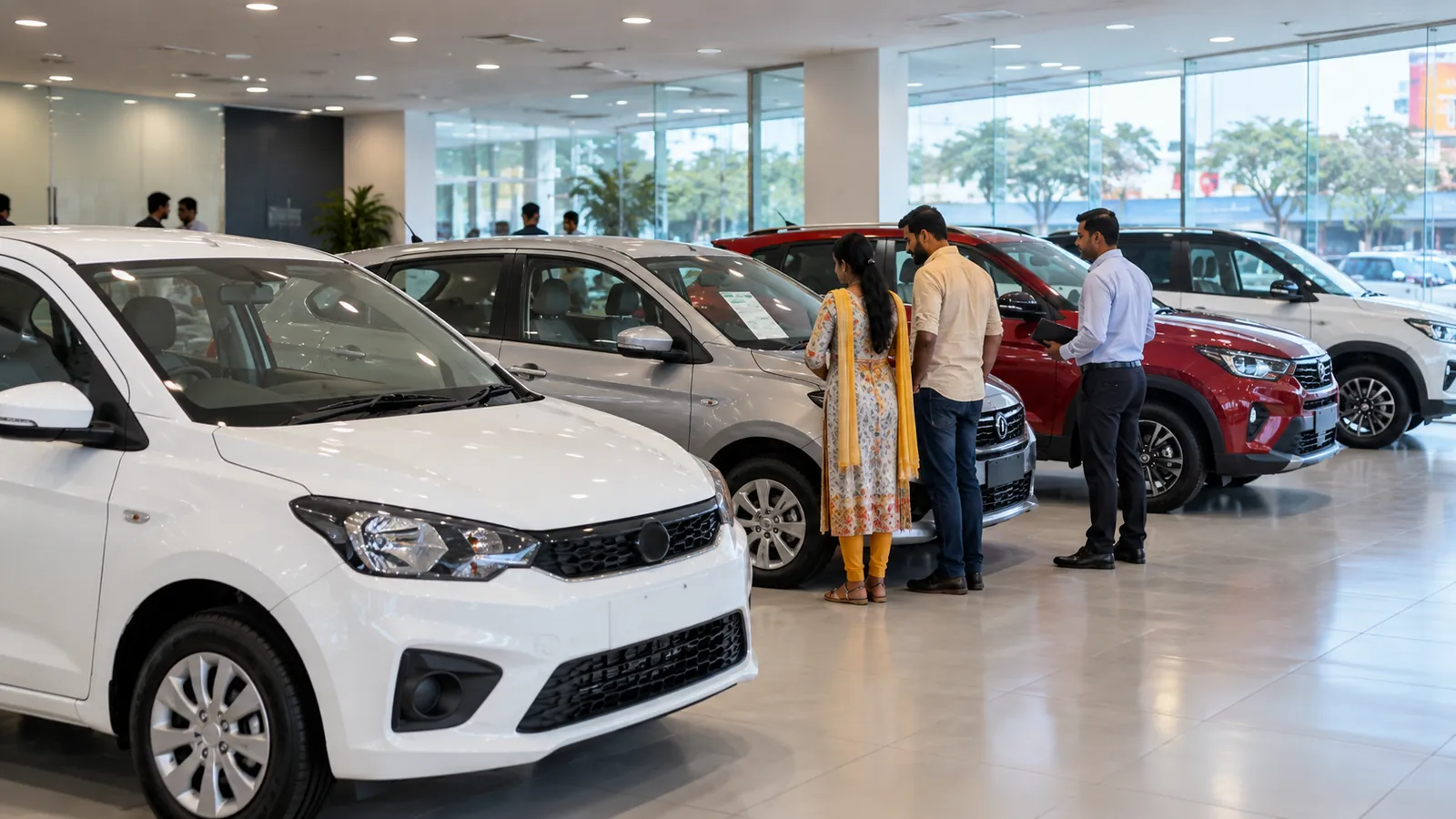 கார் showroom-ல் விற்பனையாளருடன் புதிய கார்களைப் பார்க்கும் தம்பதி