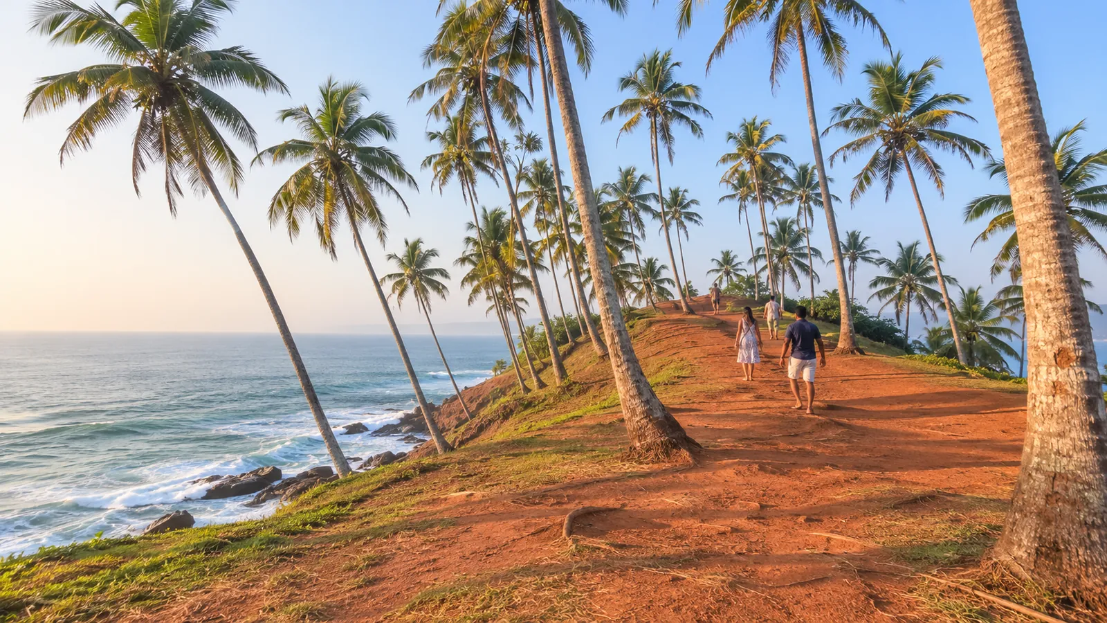 Travellers walk up the red-earth path of Coconut Tree Hill in Mirissa, Sri Lanka, beside the ocean